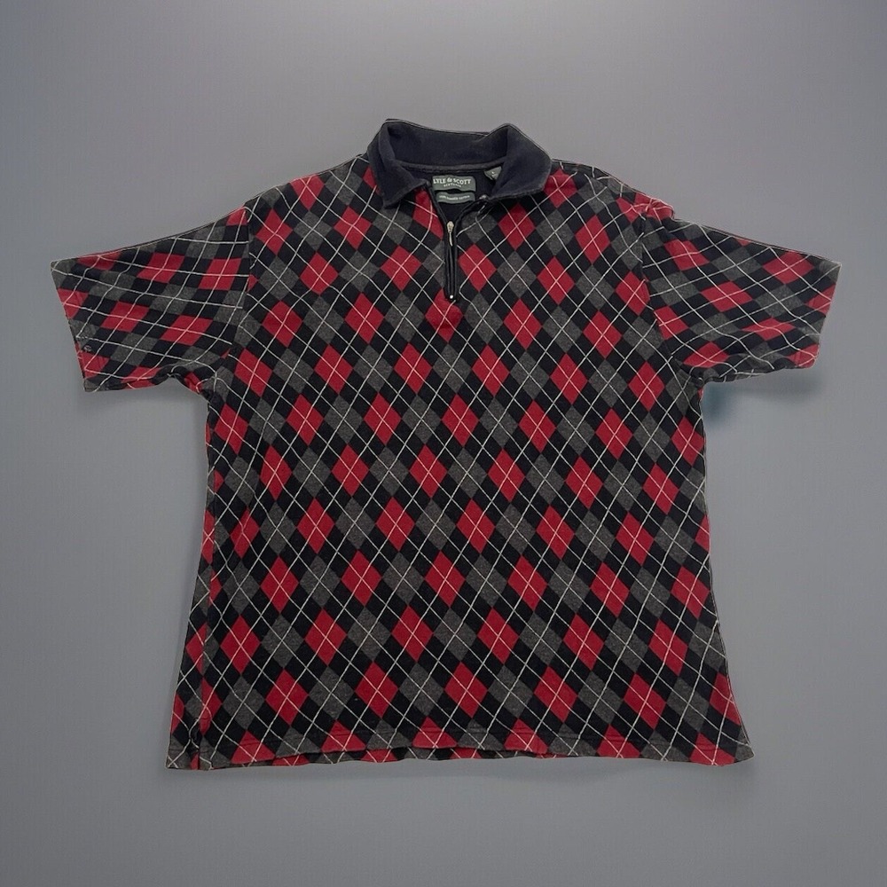 Lyle & Scott Scotland Mens Large Red Grey Argyle 1/4 Zip Short Sleeve Polo Shirt
